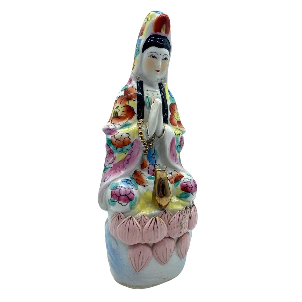 Antique 1900s Porcelain Chinese Sitting Guan Yin Statue Goddess Mid Century Pink